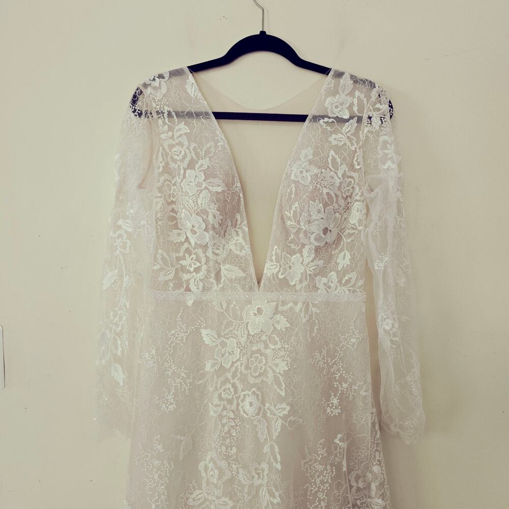 New BHLDN Riki Dalal Joan Illusion V-Neck Long-Sleeve Lace Wedding Gown Size 12 - Picture 8 of 14